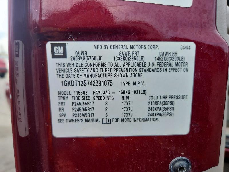 47423876 :رقم المزاد ، 1GKDT13S742391075 vin ، 2004 Gmc Envoy مزاد بيع