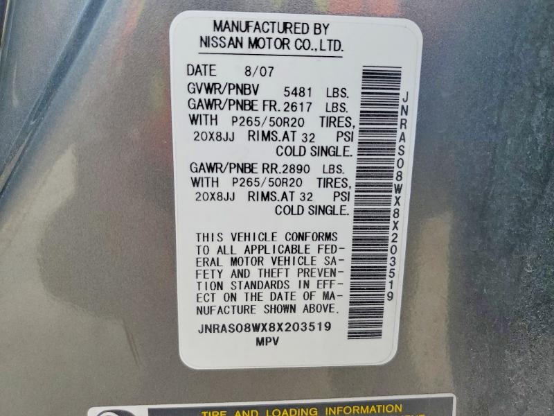 Aukcja sprzedaży 2008 Infiniti Fx35, vin: JNRAS08WX8X203519, numer aukcji: 46834196