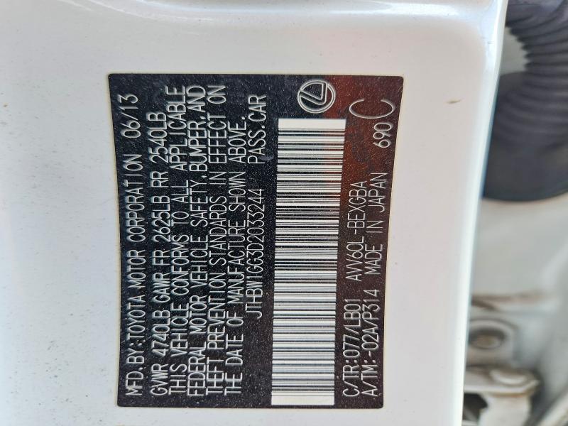 46177706 :رقم المزاد ، JTHBW1GG3D2033244 vin ، 2013 Lexus Es 300h مزاد بيع