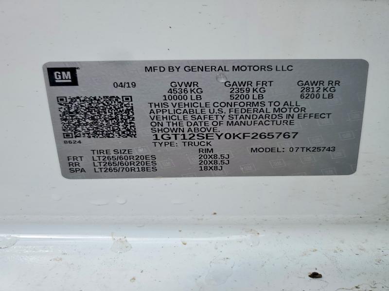 2019 Gmc Sierra მანქანა იყიდება აუქციონზე, vin: 1GT12SEY0KF265767, აუქციონის ნომერი: 46822186