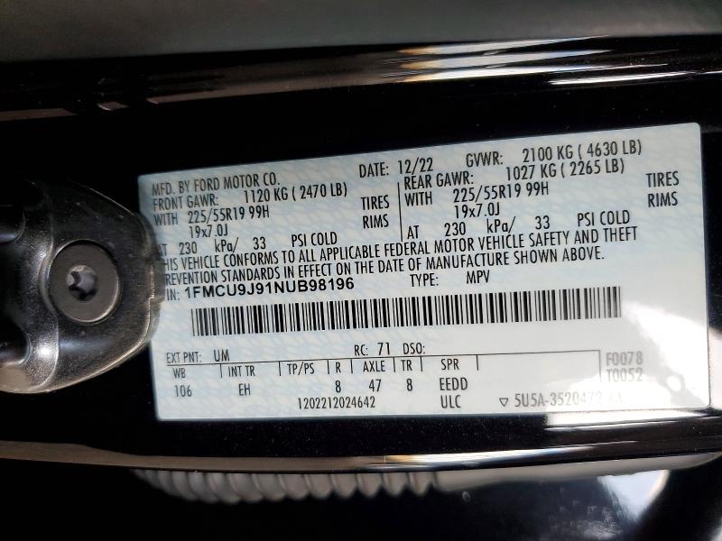 45758056 :رقم المزاد ، 1FMCU9J91NUB98196 vin ، 2022 Ford Escape مزاد بيع