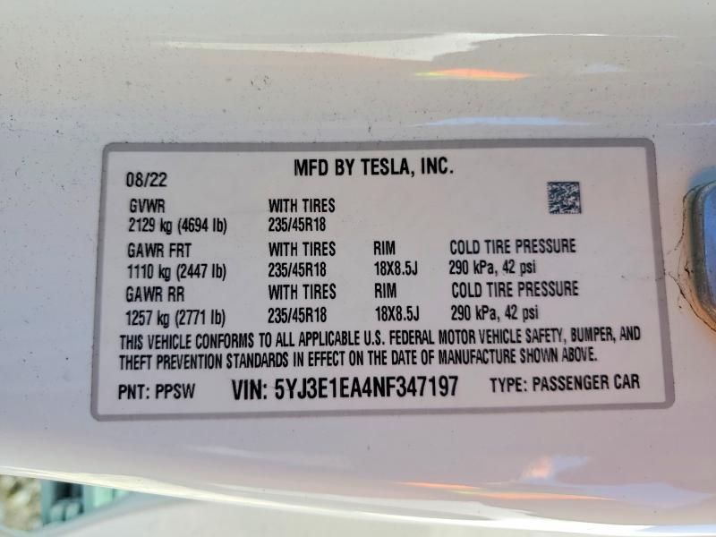 2022 Tesla Model 3 მანქანა იყიდება აუქციონზე, vin: 5YJ3E1EA4NF347197, აუქციონის ნომერი: 41958766