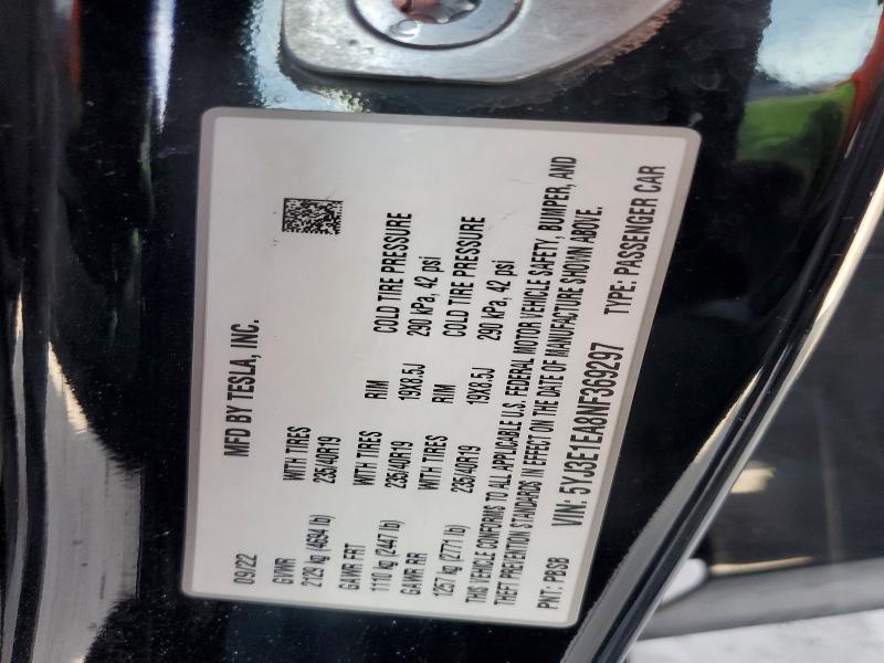 2022 Tesla Model 3 მანქანა იყიდება აუქციონზე, vin: 5YJ3E1EA8NF369297, აუქციონის ნომერი: 46917766