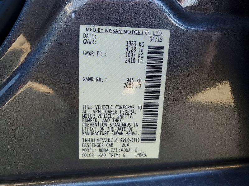 79797725 :رقم المزاد ، 1N4BL4EV2KC238600 vin ، 2019 Nissan Altima مزاد بيع