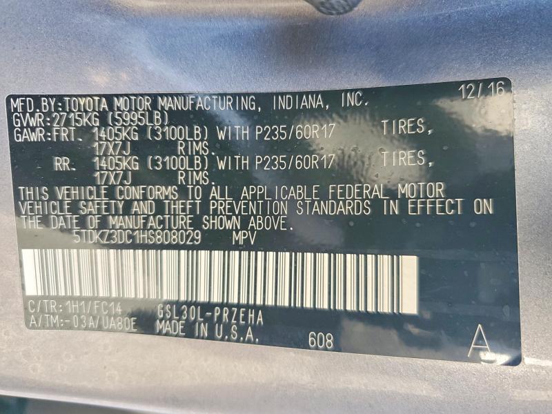 Продажа на аукционе авто 2017 Toyota Sienna, vin: 5TDKZ3DC1HS808029, номер лота: 41610356