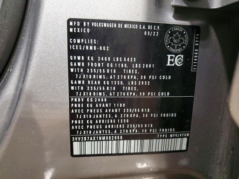 Aukcja sprzedaży 2022 Volkswagen Tiguan, vin: 3VV2B7AX1NM082656, numer aukcji: 41922446