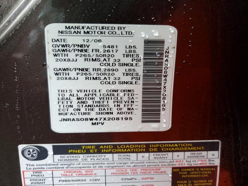 45995226 :رقم المزاد ، JNRAS08W47X208195 vin ، 2007 Infiniti Fx35 مزاد بيع
