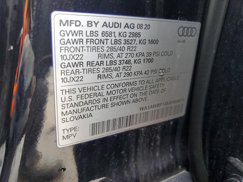 Продаж на аукціоні авто 2021 Audi Sq8, vin: WA1AWBF14MD004074, номер лоту: 46174216