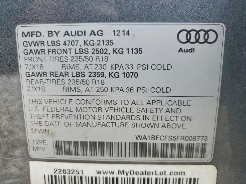 Продажа на аукционе авто 2015 Audi Q3, vin: WA1BFCFS5FR008773, номер лота: 46630636