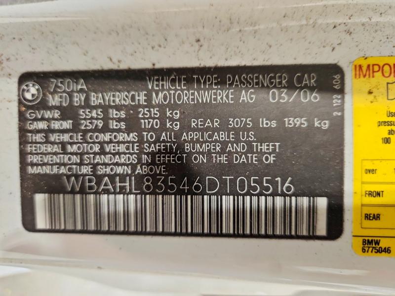 46225136 :رقم المزاد ، WBAHL83546DT05516 vin ، 2006 Bmw 750 مزاد بيع