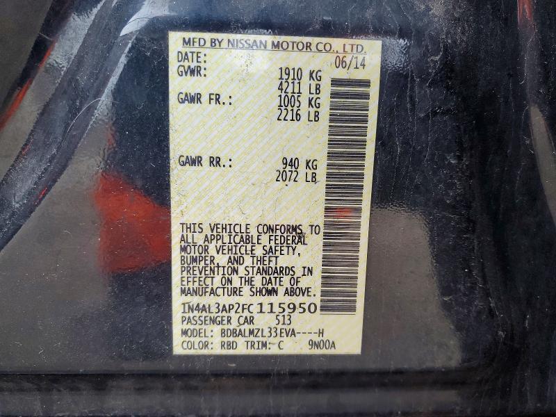 2015 Nissan Altima მანქანა იყიდება აუქციონზე, vin: 1N4AL3AP2FC115950, აუქციონის ნომერი: 46329656