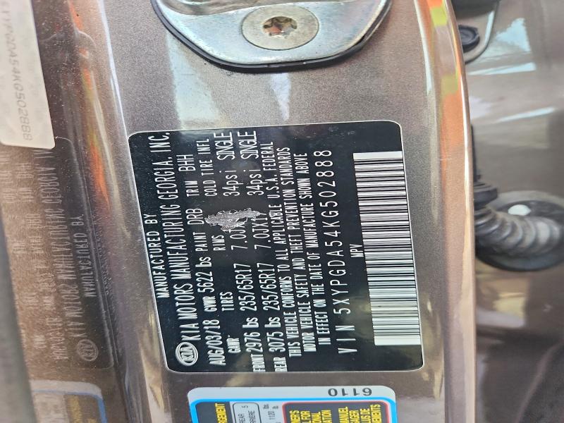 78772365 :رقم المزاد ، 5XYPGDA54KG502888 vin ، 2019 Kia Sorento مزاد بيع
