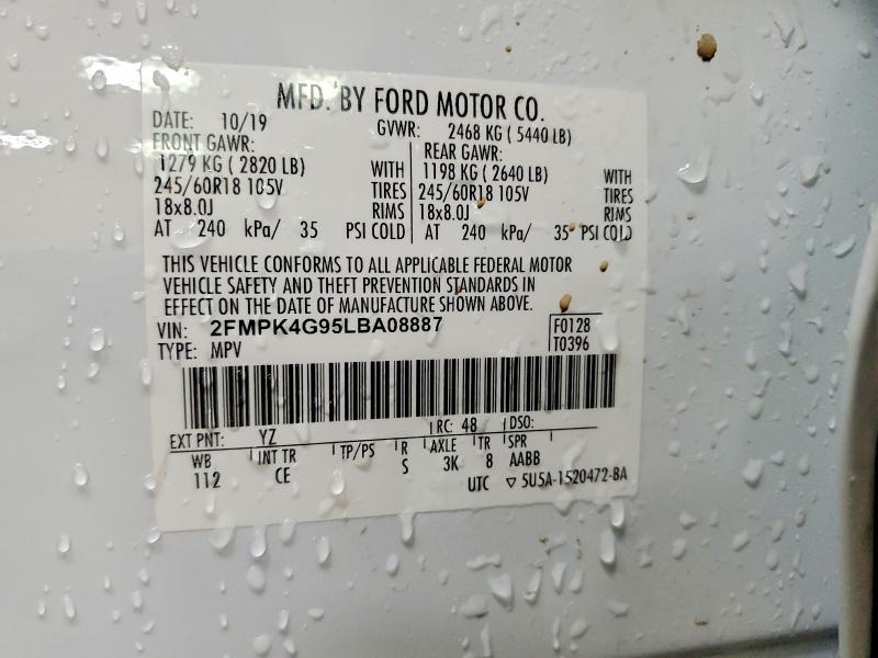 2020 Ford Edge მანქანა იყიდება აუქციონზე, vin: 2FMPK4G95LBA08887, აუქციონის ნომერი: 46547886