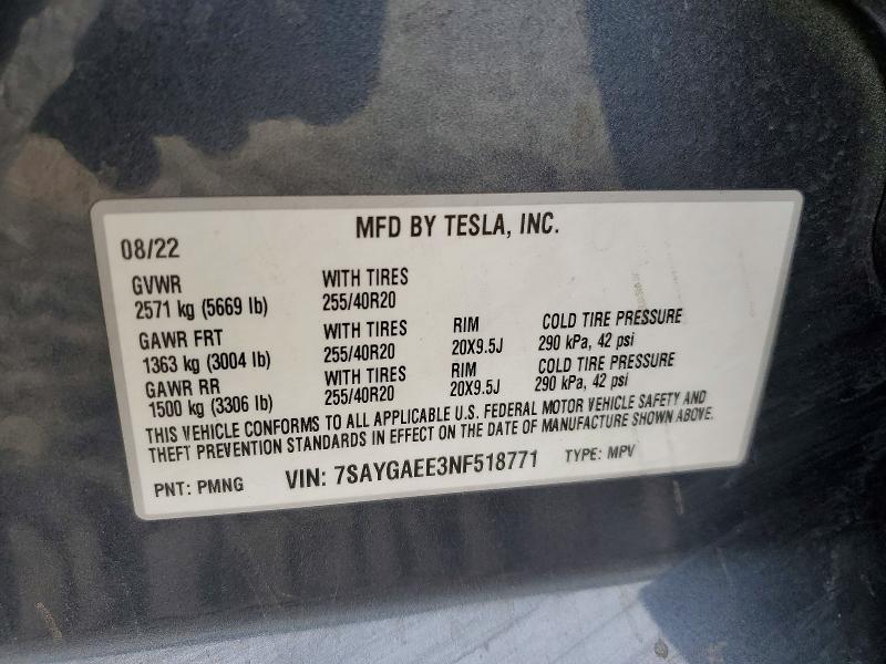 2022 Tesla Model Y მანქანა იყიდება აუქციონზე, vin: 7SAYGAEE3NF518771, აუქციონის ნომერი: 48018166
