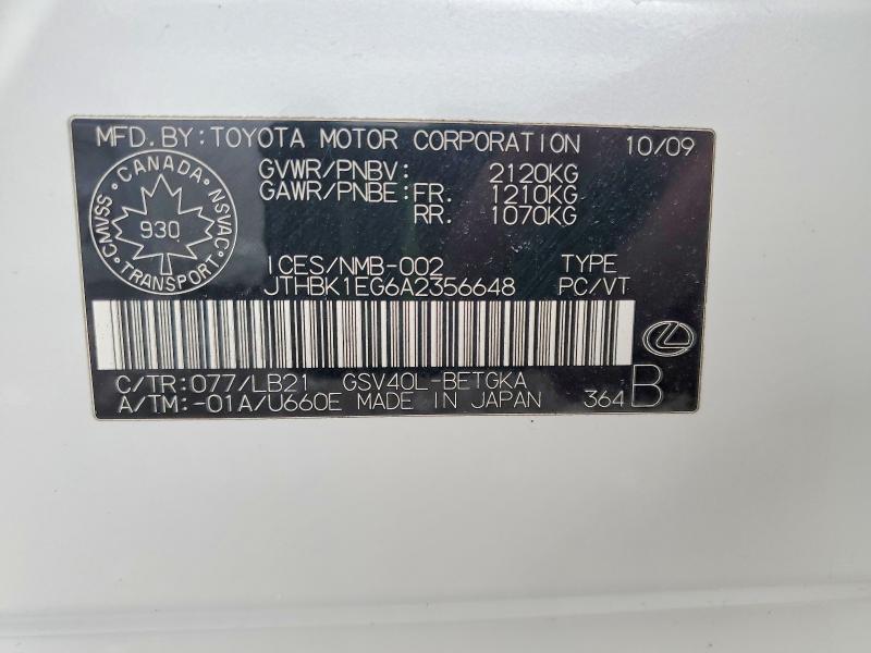 46454346 :رقم المزاد ، JTHBK1EG6A2356648 vin ، 2010 Lexus Es 350 مزاد بيع