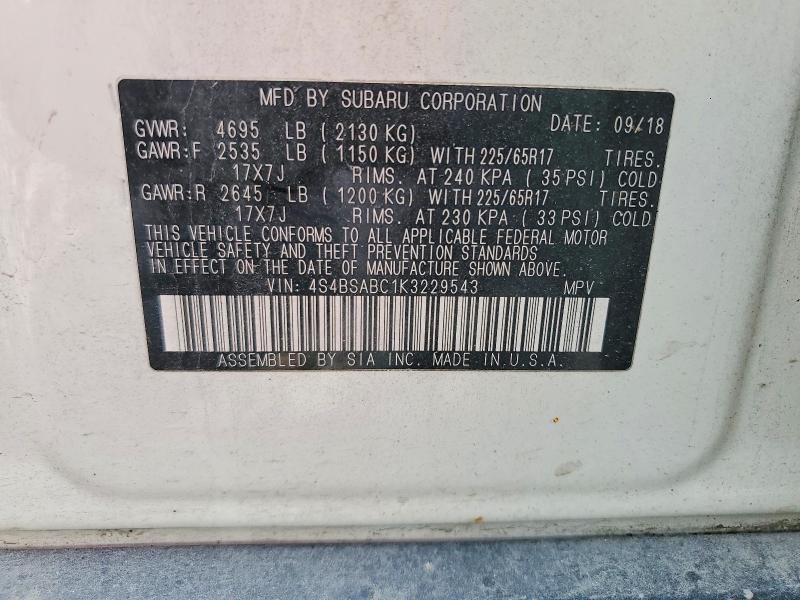2019 Subaru Outback მანქანა იყიდება აუქციონზე, vin: 4S4BSABC1K3229543, აუქციონის ნომერი: 47363406