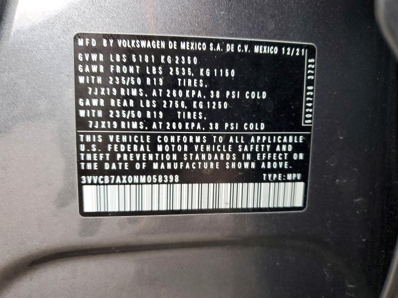 2022 Volkswagen Tiguan მანქანა იყიდება აუქციონზე, vin: 3VVCB7AX0NM058398, აუქციონის ნომერი: 46518036