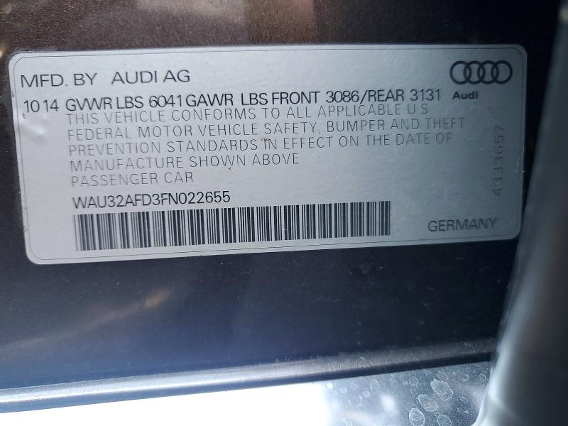77153395 :رقم المزاد ، WAU32AFD3FN022655 vin ، 2015 Audi A8 مزاد بيع