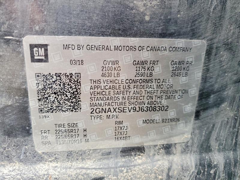 Auction sale of the 2018 Chevrolet Equinox, vin: 2GNAXSEV9J6308302, lot number: 47106516