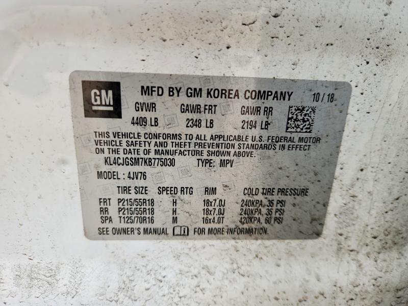 2019 Buick Encore მანქანა იყიდება აუქციონზე, vin: KL4CJGSM7KB775030, აუქციონის ნომერი: 79773065