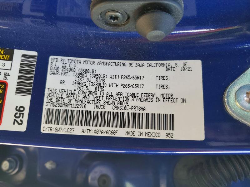 46530576 :رقم المزاد ، 3TMDZ5BN9NM122910 vin ، 2022 Toyota Tacoma مزاد بيع