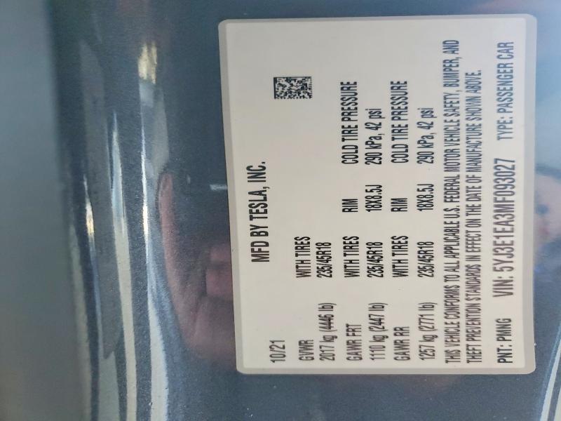 Продаж на аукціоні авто 2021 Tesla Model 3, vin: 5YJ3E1EA3MF093027, номер лоту: 47737476