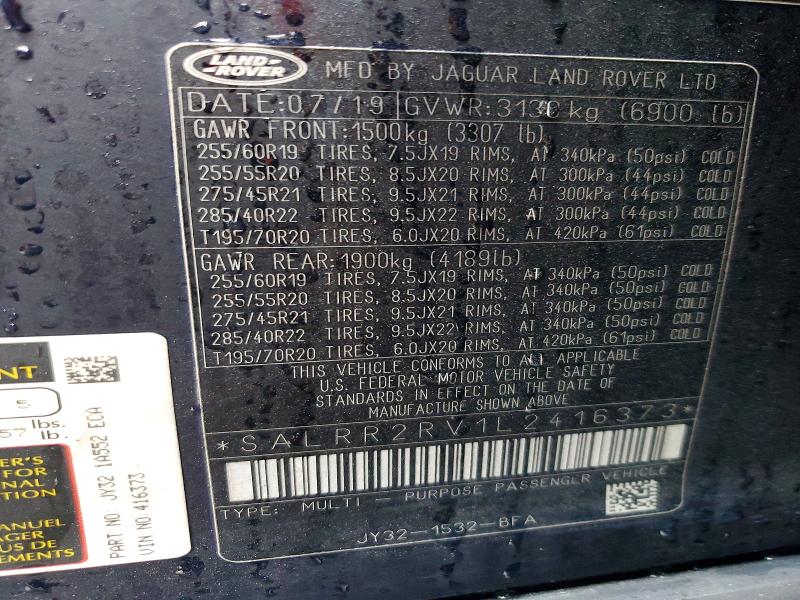 46281626 :رقم المزاد ، SALRR2RV1L2416373 vin ، 2020 Land Rover Discovery مزاد بيع