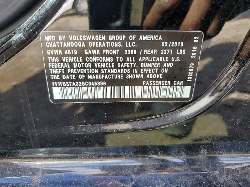 45795606 :رقم المزاد ، 1VWBS7A32GC045399 vin ، 2016 Volkswagen Passat مزاد بيع