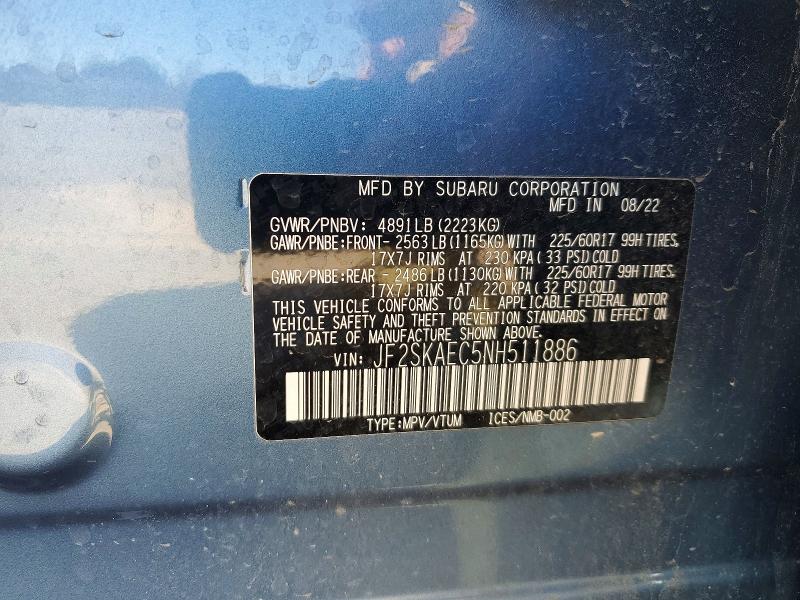 Продаж на аукціоні авто 2022 Subaru Forester, vin: JF2SKAEC5NH511886, номер лоту: 47745946
