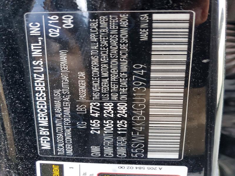 46145686 :رقم المزاد ، 55SWF4KB4GU139749 vin ، 2016 Mercedes-benz C مزاد بيع