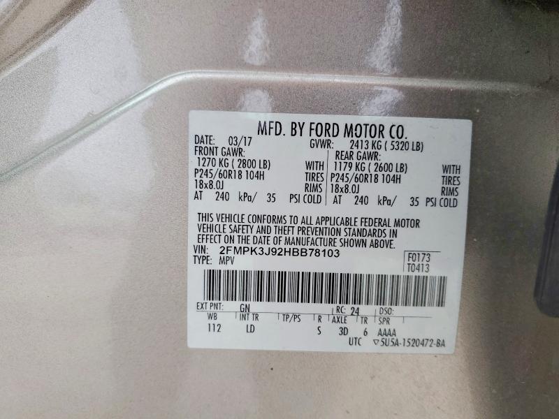 2017 Ford Edge მანქანა იყიდება აუქციონზე, vin: 2FMPK3J92HBB78103, აუქციონის ნომერი: 47517806