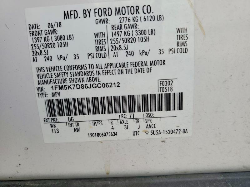 Aukcja sprzedaży 2018 Ford Explorer, vin: 1FM5K7D86JGC06212, numer aukcji: 79750415