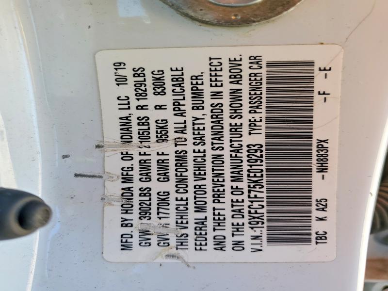 2019 Honda Civic მანქანა იყიდება აუქციონზე, vin: 19XFC1F75KE019293, აუქციონის ნომერი: 45835456