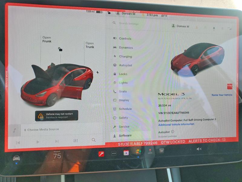 2020 Tesla Model 3 მანქანა იყიდება აუქციონზე, vin: 5YJ3E1EA8LF799246, აუქციონის ნომერი: 79554115