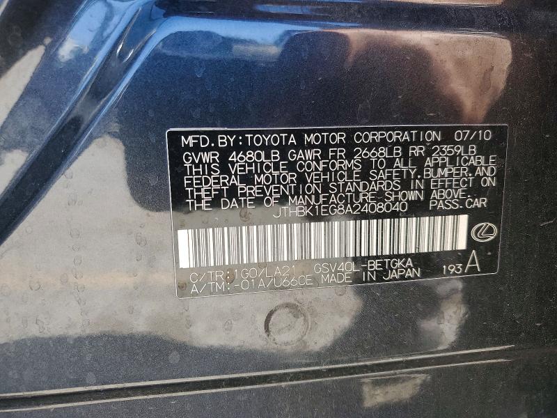46247006 :رقم المزاد ، JTHBK1EG8A2408040 vin ، 2010 Lexus Es 350 مزاد بيع
