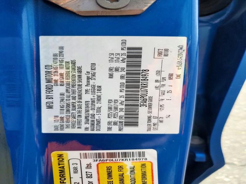Продаж на аукціоні авто 2019 Ford Fusion, vin: 3FA6P0LU7KR184978, номер лоту: 47421086