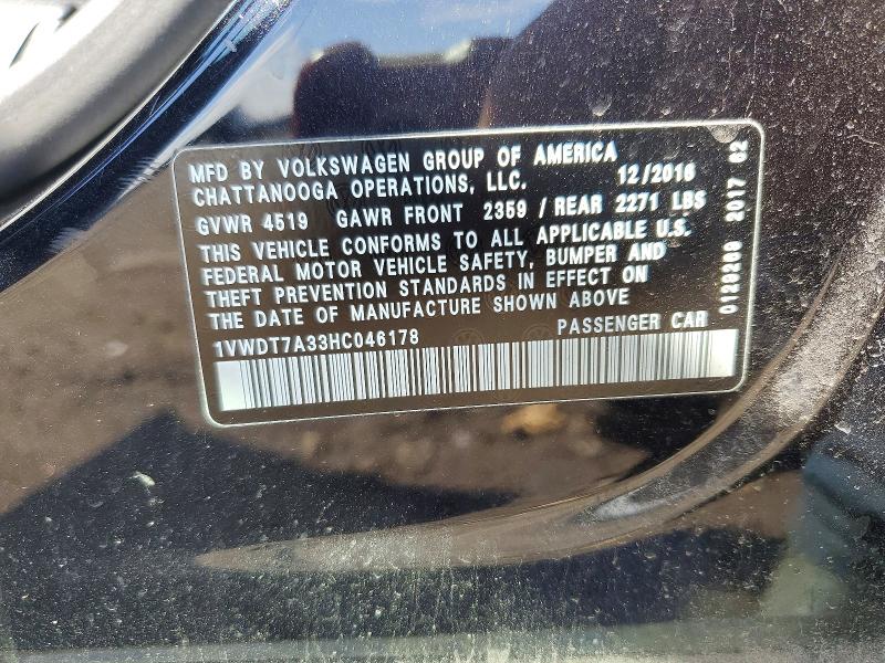 Aukcja sprzedaży 2017 Volkswagen Passat, vin: 1VWDT7A33HC046178, numer aukcji: 47495476