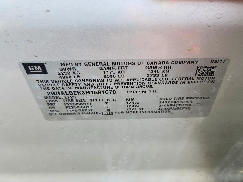 45994266 :رقم المزاد ، 2GNALBEK3H1581678 vin ، 2017 Chevrolet Equinox مزاد بيع