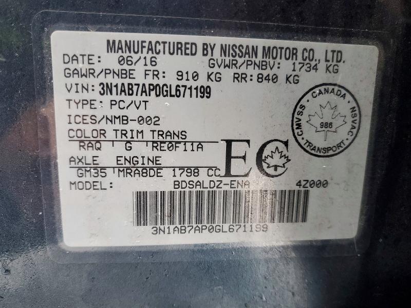Aukcja sprzedaży 2016 Nissan Sentra, vin: 3N1AB7AP0GL671199, numer aukcji: 45660256