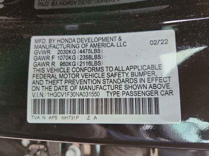Продаж на аукціоні авто 2022 Honda Accord, vin: 1HGCV1F30NA031550, номер лоту: 79538935