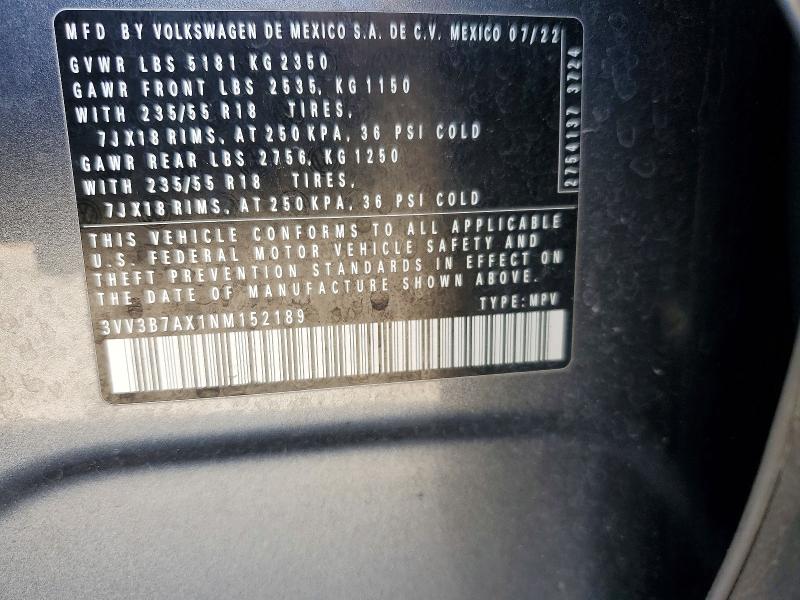 Aukcja sprzedaży 2022 Volkswagen Tiguan, vin: 3VV3B7AX1NM152189, numer aukcji: 45584626
