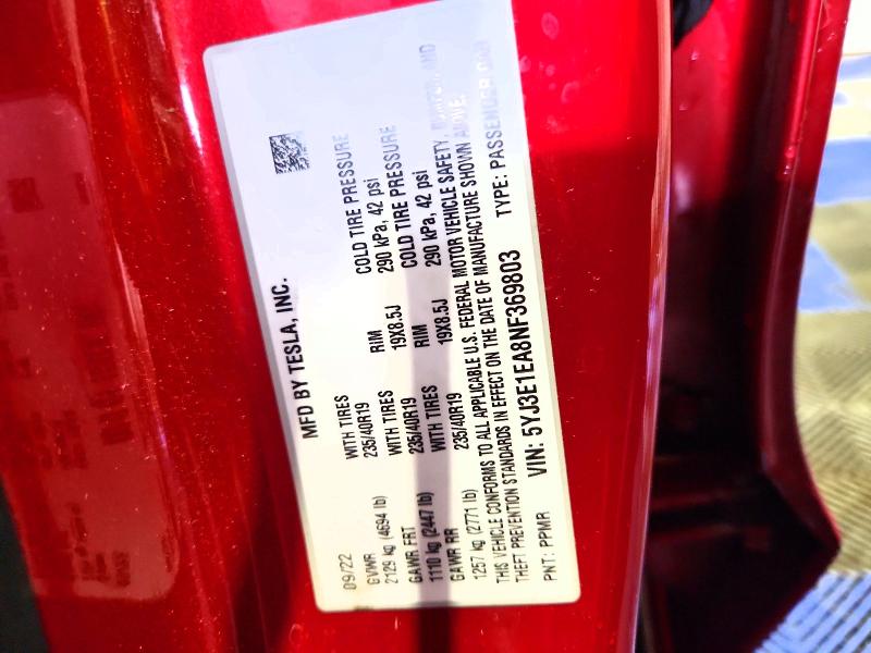 46945366 :رقم المزاد ، 5YJ3E1EA8NF369803 vin ، 2022 Tesla Model 3 مزاد بيع