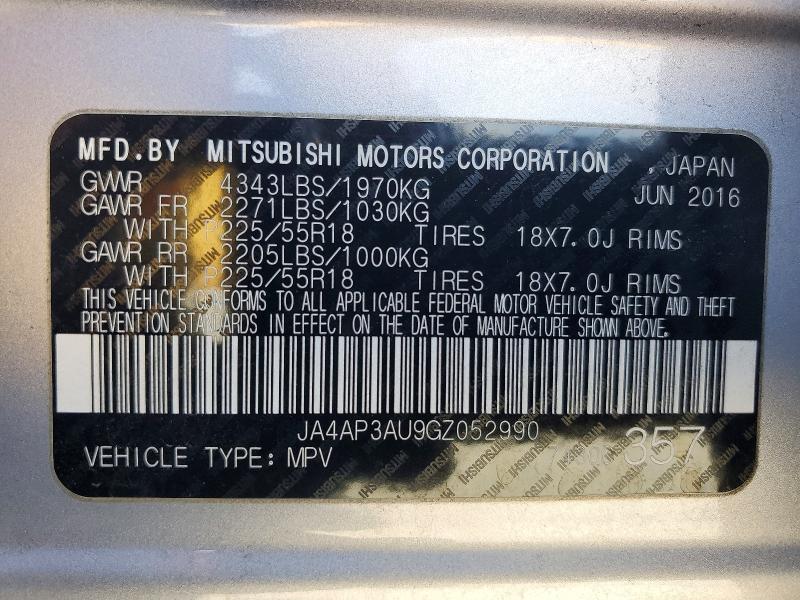 2016 Mitsubishi Outlander Sport მანქანა იყიდება აუქციონზე, vin: JA4AP3AU9GZ052990, აუქციონის ნომერი: 79949125