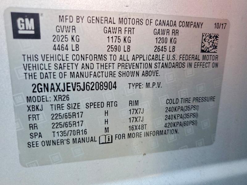 Aukcja sprzedaży 2018 Chevrolet Equinox, vin: 2GNAXJEV5J6208904, numer aukcji: 48104806