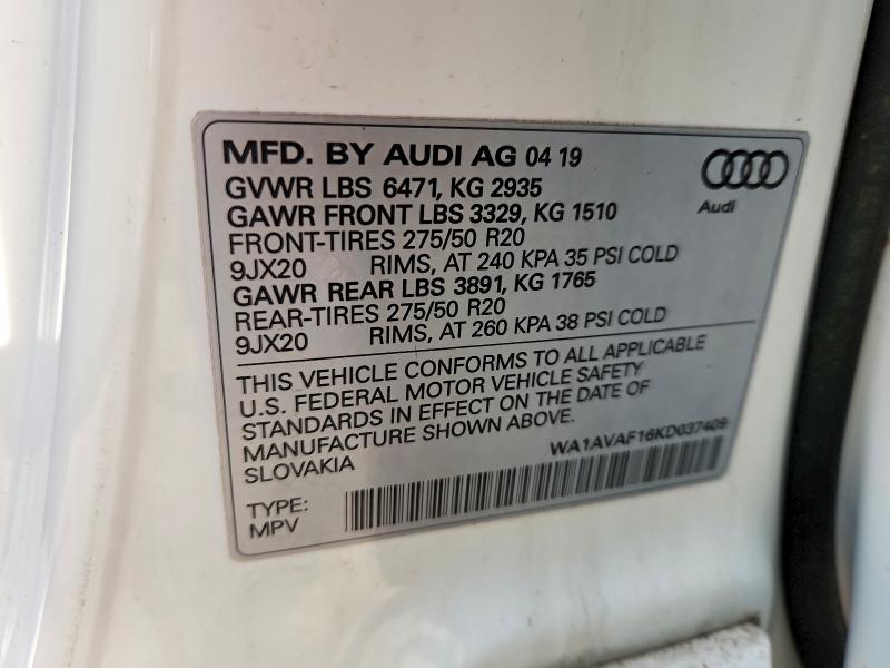 Продаж на аукціоні авто 2019 Audi Q8, vin: WA1AVAF16KD037409, номер лоту: 78419865