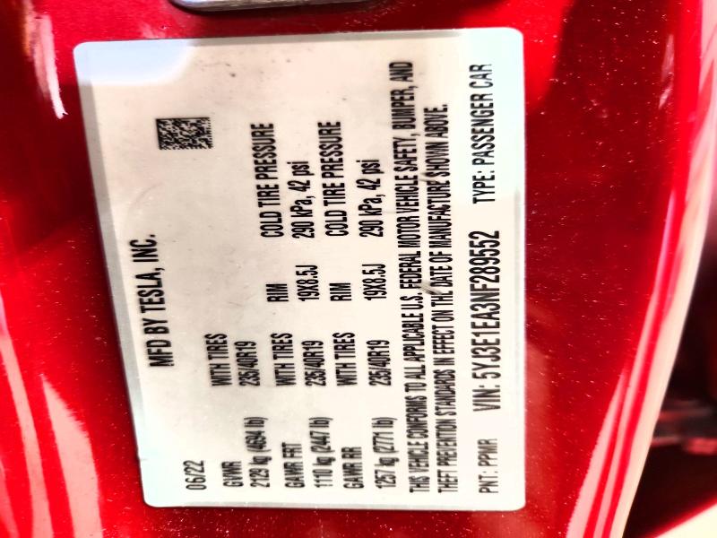 46535146 :رقم المزاد ، 5YJ3E1EA3NF289552 vin ، 2022 Tesla Model 3 مزاد بيع