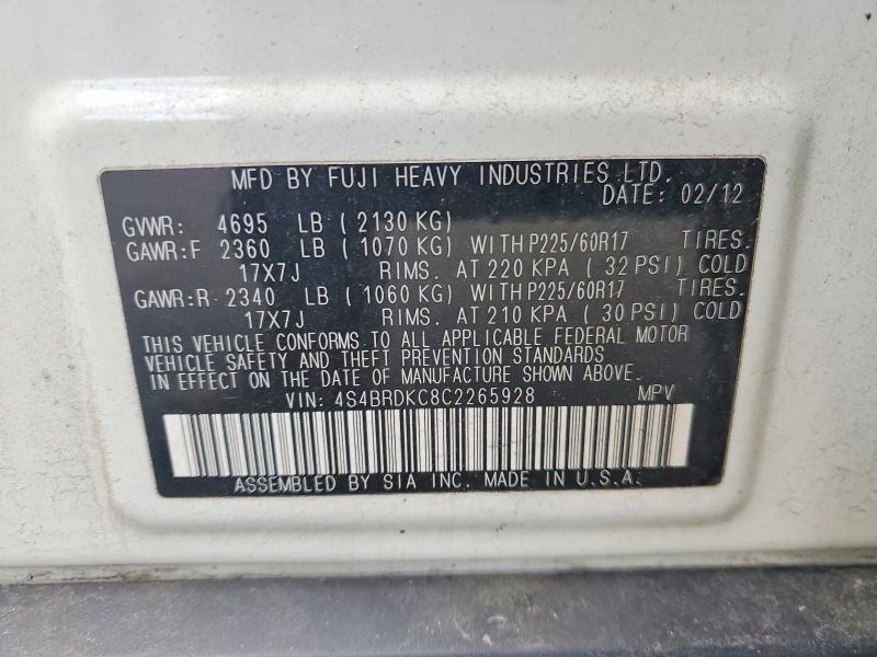 46547576 :رقم المزاد ، 4S4BRDKC8C2265928 vin ، 2012 Subaru Outback مزاد بيع