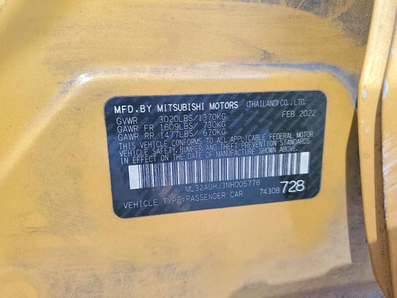 41963196 :رقم المزاد ، ML32AUHJ3NH005778 vin ، 2022 Mitsubishi Mirage مزاد بيع