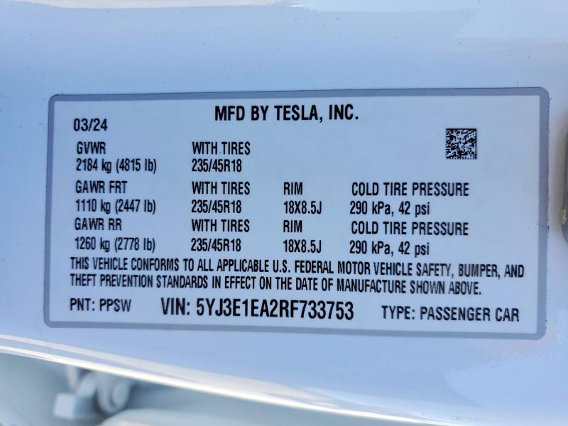 Продаж на аукціоні авто 2024 Tesla Model 3, vin: 5YJ3E1EA2RF733753, номер лоту: 46360366