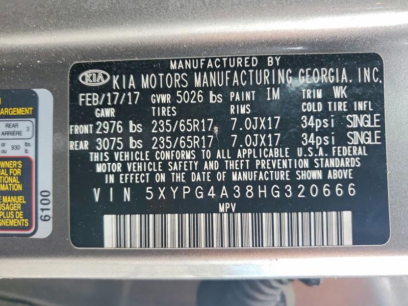 2017 Kia Sorento მანქანა იყიდება აუქციონზე, vin: 5XYPG4A38HG320666, აუქციონის ნომერი: 45507466